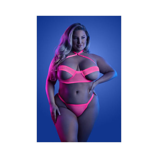 Fantasy Lingerie Glow Slow Motion Peek-a-boo Bra & Panty Neon Pink Queen Size - SexToy.com