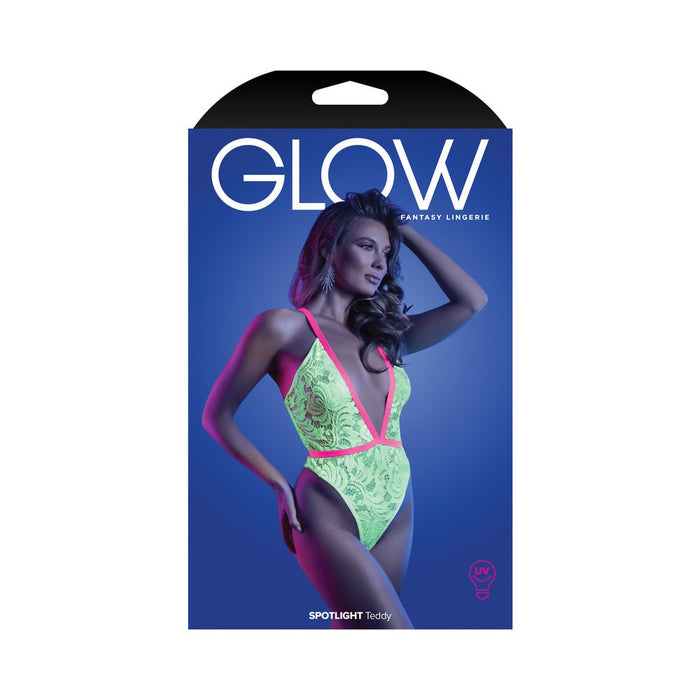 Fantasy Lingerie Glow Spotlight Contrast Elastic Lace Teddy With Snap Closure Neon Green S/m - SexToy.com