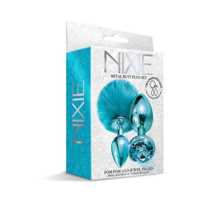 Nixie Metal Butt Plug Set Pom Pom And Jewel-inlaid Metallic Blue - SexToy.com