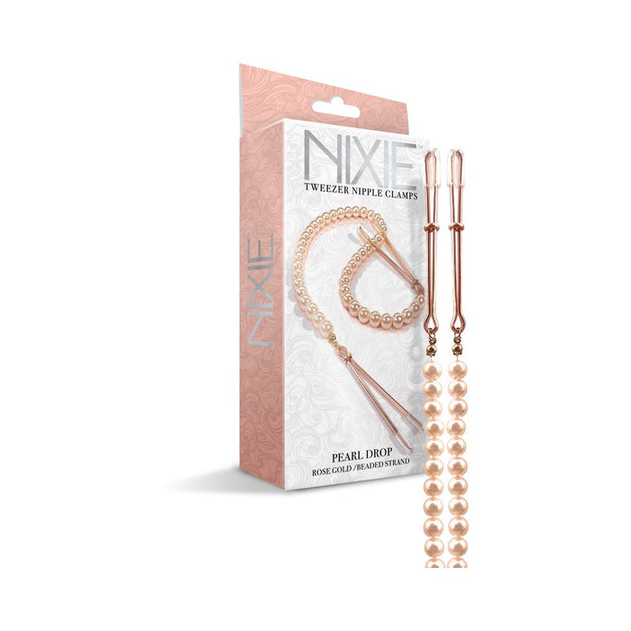 Nixie Pearl Drop Beaded Tweezer Nipple Clamps Rose Gold - SexToy.com