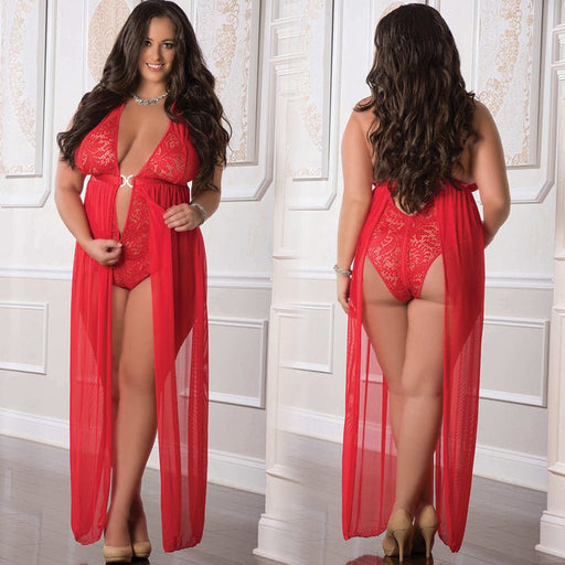 1 Pc. Zipper Crotch Teddy Gown - Red - Queen Size - SexToy.com