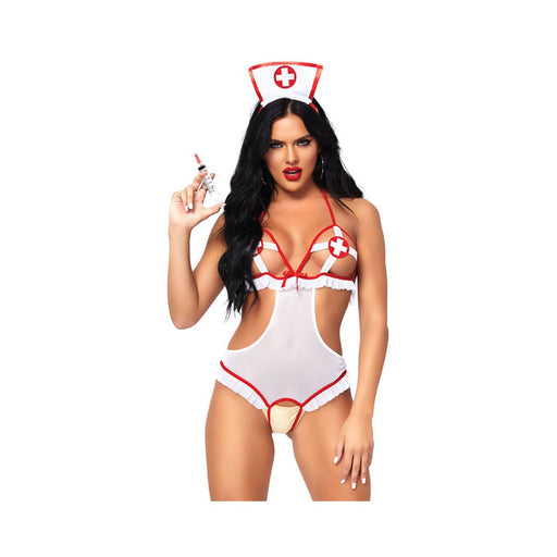2pc Naughty Nurse, Includes Crotchless Teddy With Peek-a-boo Cups And Matching Headband O/s Wh/rd | SexToy.com