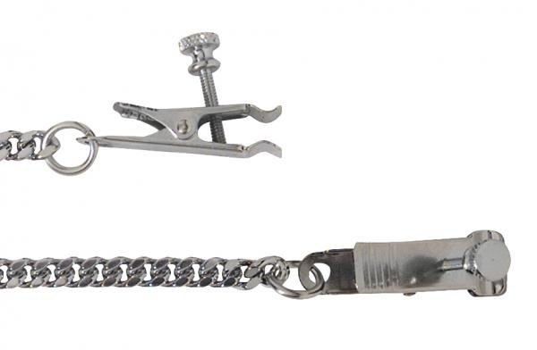 Adjustable Duck Bill Nipple Clamps With Jewel Chain Silver | SexToy.com