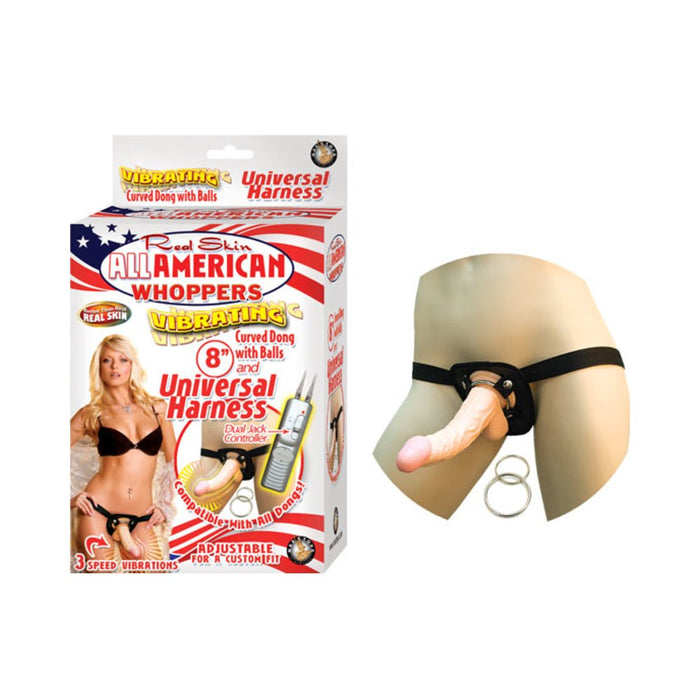 All American Whoppers 8 inches Vibrating Dong & Universal Harness Beige | SexToy.com