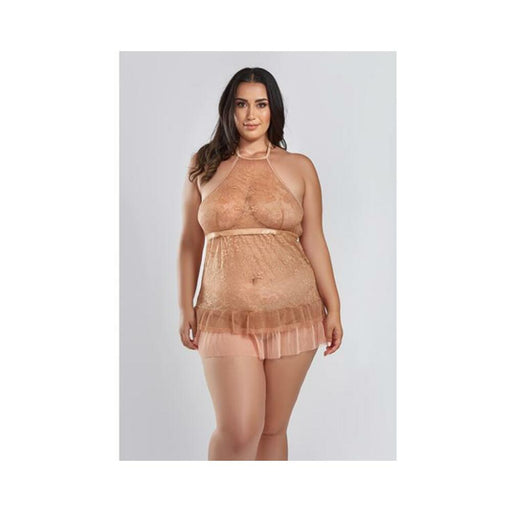 Amber Halter Lace Babydoll W/tiered Pleated Mesh Skirt Hem & G-string Brown 1x - SexToy.com