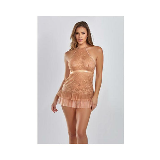 Amber Halter Lace Babydoll W/tiered Pleated Mesh Skirt Hem & G-string Brown Lg - SexToy.com