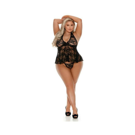 Barely Bare Flower Lace Babydoll With Thong Plus Size Black | SexToy.com