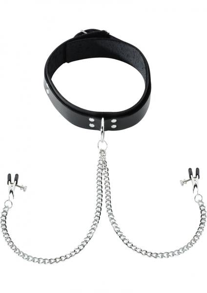 Black Leather Collar With Broad Tip Nipple Clamps | SexToy.com