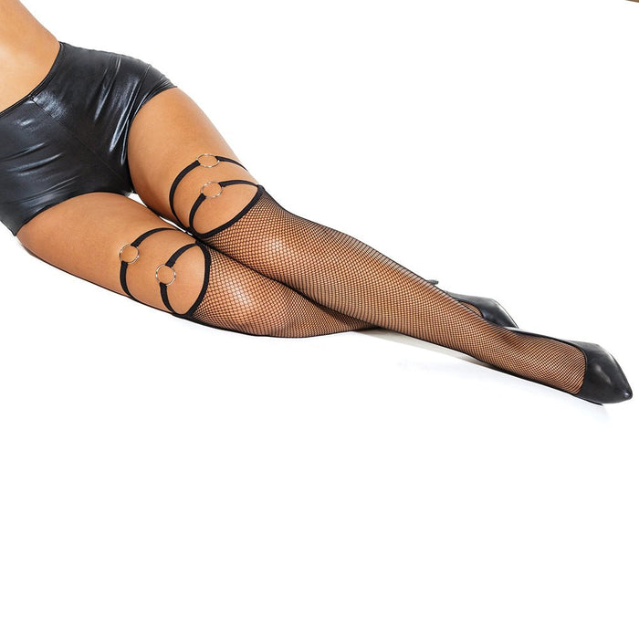 Coquette Fishnet Stockings With Thigh Strap & Metal Ring Details Black O/s - SexToy.com