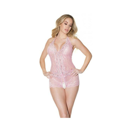 Crystal Pink Halter Crotchless Teddy Pink/silver O/s - SexToy.com