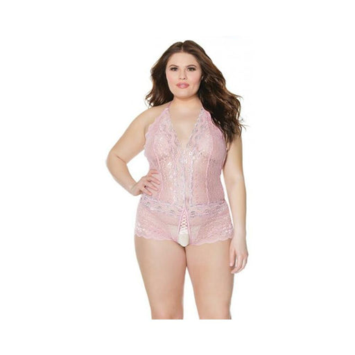 Crystal Pink Halter Crotchless Teddy Pink/silver Os/xl - SexToy.com