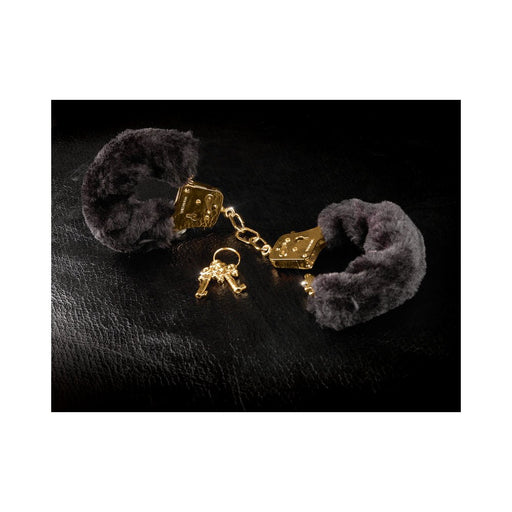 Deluxe Furry Cuffs Black Gold Handcuffs | SexToy.com