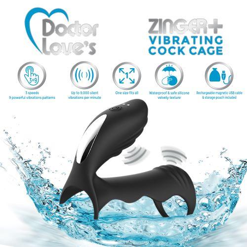 Doctor Love Zinger+ Vibrating Rechargeable Cock Cage Black | SexToy.com