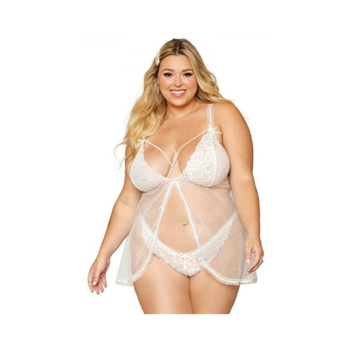 Dreamgirl Lace Mesh Babydoll With Pearl Accents & Lace Pearl G-string White Queen Size | SexToy.com