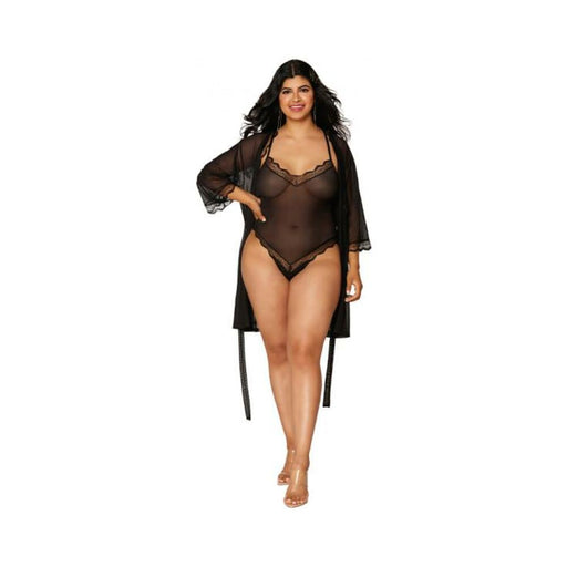 Dreamgirl Mesh Robe & Strappy Back Teddy With Lace Trim Black 2xl Hanging | SexToy.com