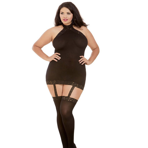 Dreamgirl Semi-sheer Halter Garter Dress With Snap-neck Closure, Stretch Lace Trim, Attached Garters - SexToy.com