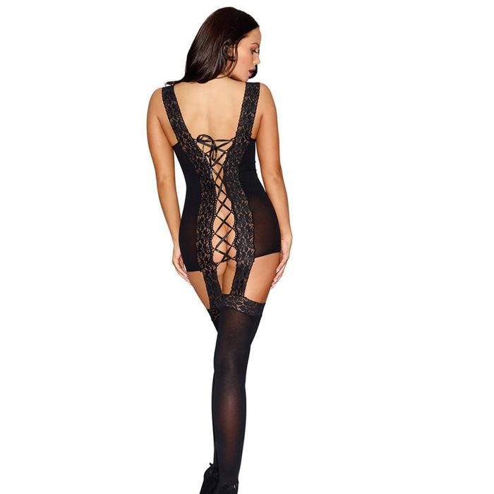 Dreamgirl Sheer, Stretch Lace Garter Dress with Lace-trimmed Straps, Satin Ribbon Lace-up Back Detail - SexToy.com