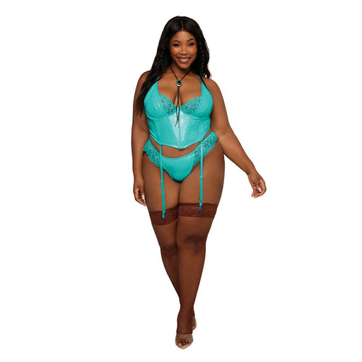 Dreamgirl Stretch Vinyl And Lace Bustier And G-string Set Ocean 2xl - SexToy.com