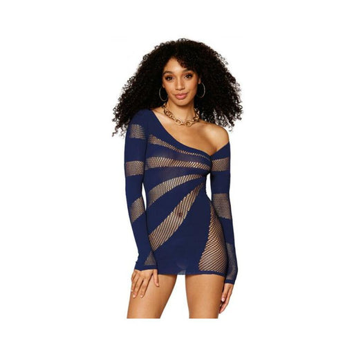 Dreamgirl Stripey One-shoulder Fishnet Chemise Nocturnal O/s | SexToy.com