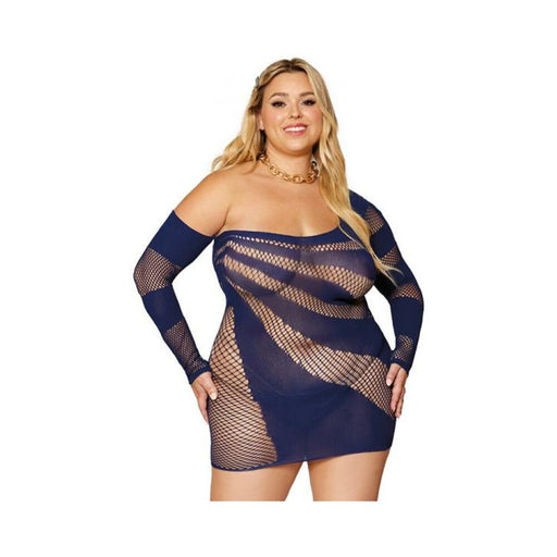 Dreamgirl Stripey One-shoulder Fishnet Chemise Nocturnal Queen Size | SexToy.com