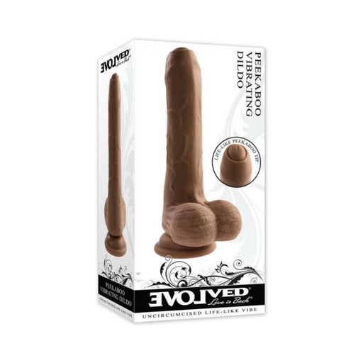 Evolved Peek A Boo Rechargeable Vibrating 8 In. Silicone Uncircumcised Dildo With Power Boost Dark | SexToy.com