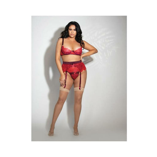 Eyelash Lace Underwire Bra, Garter Skirt & G-string Red 3x/4x - SexToy.com