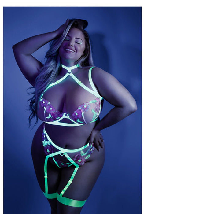 Fantasy Lingerie Glow In A Trance Harnessed Cage Bra, Garter Belt & Panty - SexToy.com