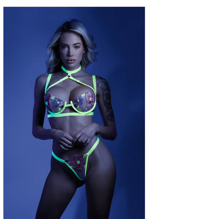 Fantasy Lingerie Glow In A Trance Harnessed Cage Bra, Garter Belt & Panty - SexToy.com