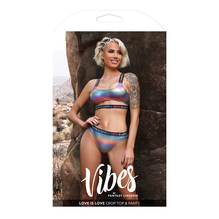 Fantasy Lingerie Vibes Love Is Love Underboob Cut Out Top & Cheeky Panty Rainbow Holo M/l - SexToy.com