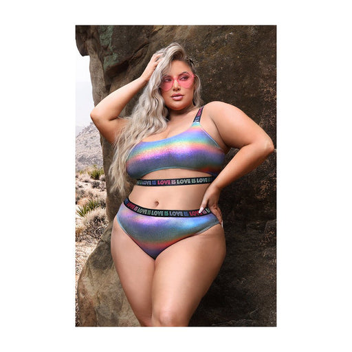 Fantasy Lingerie Vibes Love Is Love Underboob Cut Out Top & Cheeky Panty Rainbow Holo Queen Size - SexToy.com