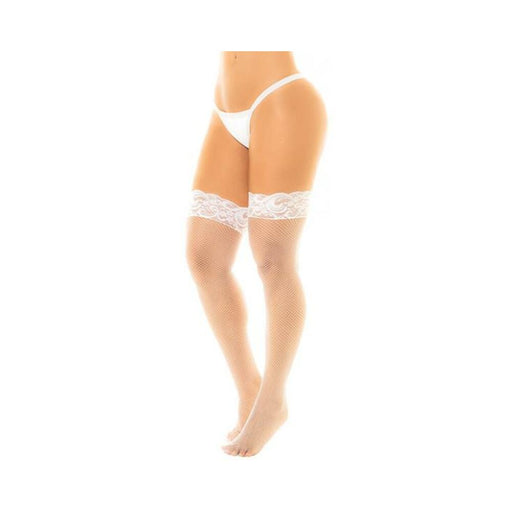 Fishnet Thigh High Stockings W/silicone Lace Top White O/s - SexToy.com