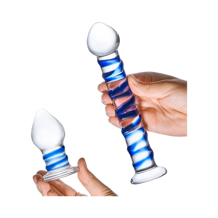 Glas 2-piece Double Penetration Glass Swirly Dildo & Butt Plug Set - SexToy.com