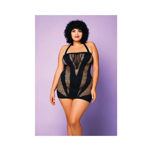 Heart Of Chaos Seamless Chemise W/halter Strap & Vertical V Cut Outs Black Qn - SexToy.com