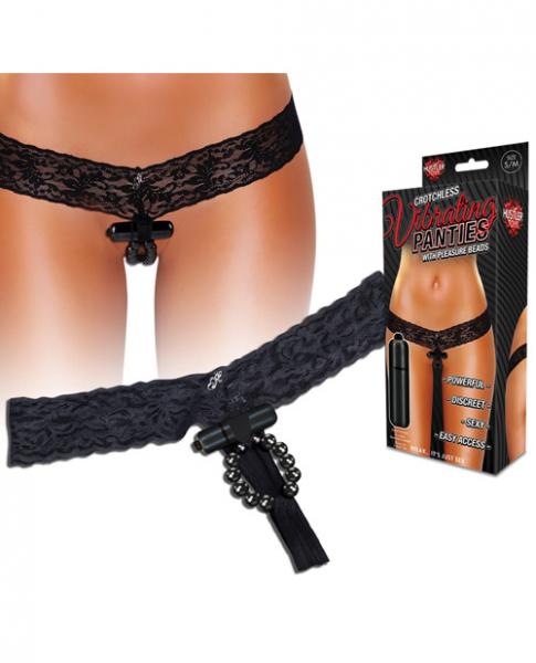 Hustler Crotchless Vibrating Lace Panties Beads Black M/L | SexToy.com