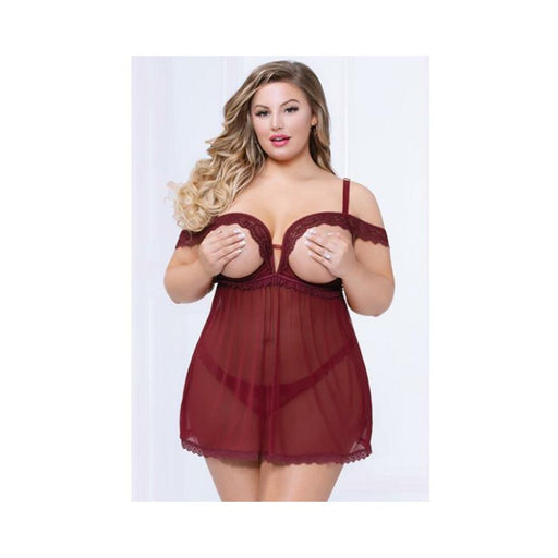 Lace & Mesh Open Cups Babydoll W/fly Away Back & Panty Wine 1x/2x - SexToy.com