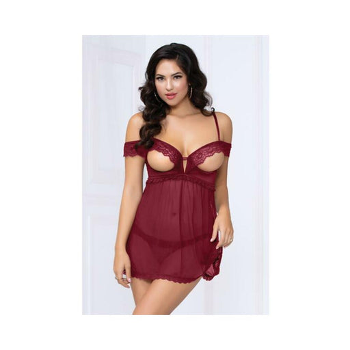 Lace & Mesh Open Cups Babydoll W/fly Away Back & Panty Wine Sm - SexToy.com