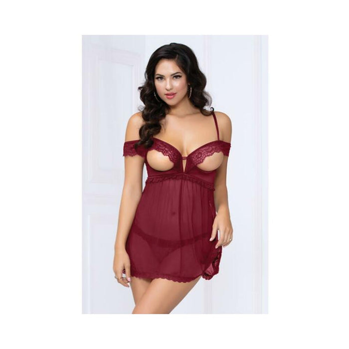 Lace & Mesh Open Cups Babydoll W/fly Away Back & Panty Wine Sm - SexToy.com