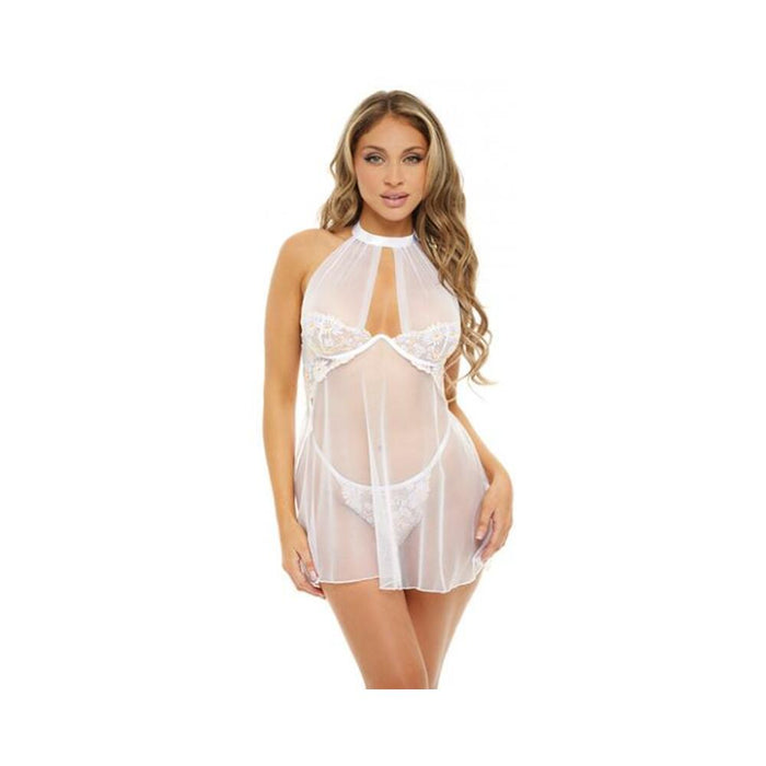 Lia Underwire Floral Embroidered Halter Babydoll W/g-string Bright White Lg - SexToy.com