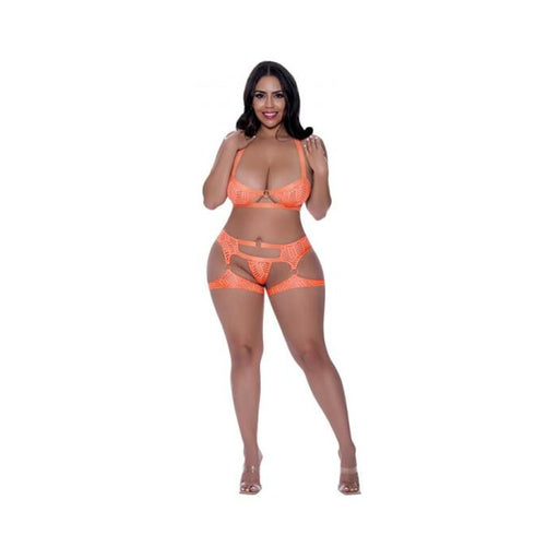 Magic Silk Rude Awakening Balconette Bra & Stirrup Thong Set Neon Orange Queen Size | SexToy.com