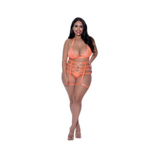 Magic Silk Rude Awakening Bralette, Thigh High Garter & Cheeky Panty Set Neon Orange Queen Size | SexToy.com