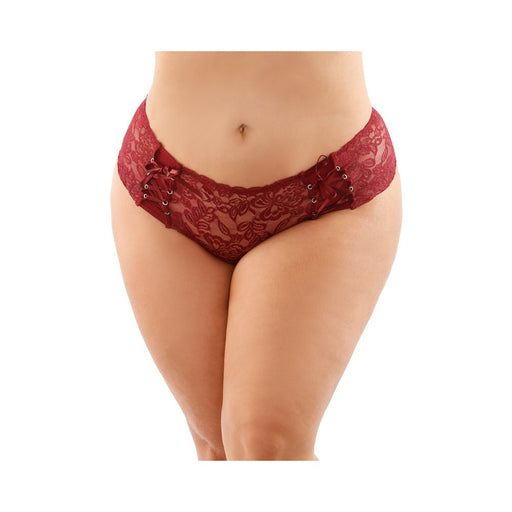 Magnolia Crotchless Lace Boyshort With Lace-up Panel Details Garnet Queen - SexToy.com