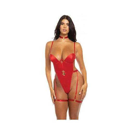 Mila Stretch Satin Padded Cup Teddy W/heart Ring Detail Red Md - SexToy.com