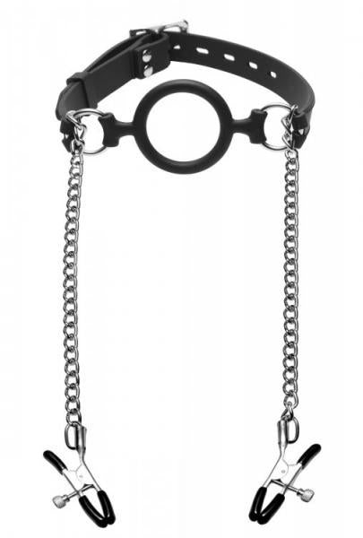 Mutiny Silicone O Ring Gag With Nipple Clamps Black | SexToy.com