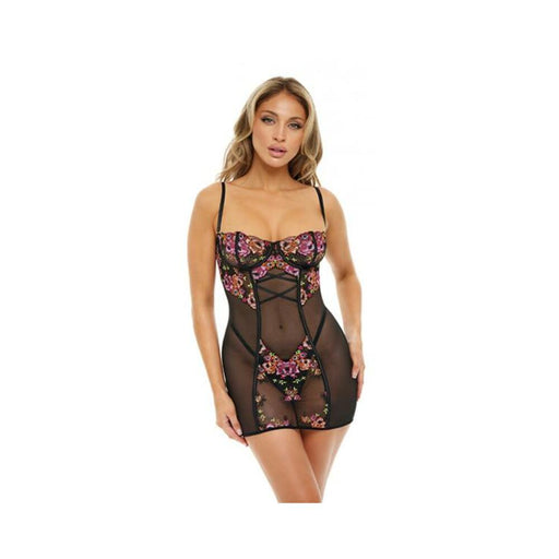 Natty Underwire Fitted Babydoll W/embroidery & G-string Black/multi Color Xl - SexToy.com