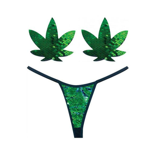 Neva Nude Naughty Knix Weed Leaf Sequin G-string & Pasties - Green O/s - SexToy.com