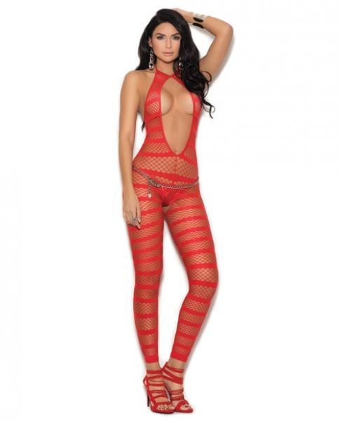 Opaque Net Striped Bodystocking Open Crotch Red O/S | SexToy.com