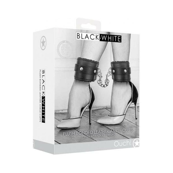 Ouch! Black & White Plush Bonded Leather Ankle Cuffs With Adjustable Straps Black | SexToy.com