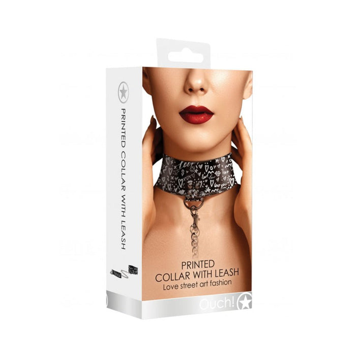 Ouch! Collar With Leash - Love Street Art Fasion - Black | SexToy.com