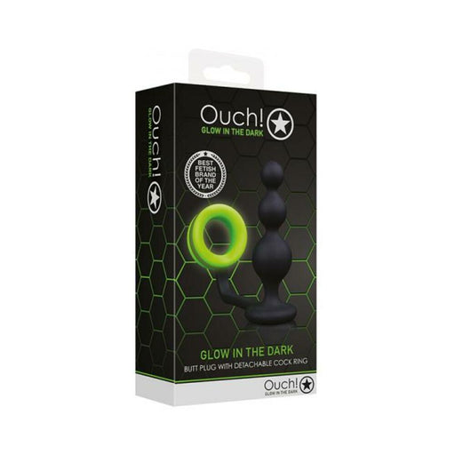 Ouch! Glow Beads Butt Plug With Cock Ring - Glow In The Dark - Green | SexToy.com