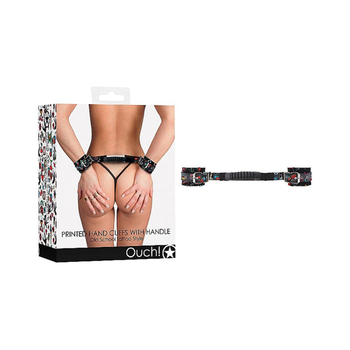 Ouch! Old School Tattoo Printed Cuffs W/ Strap Handle | SexToy.com